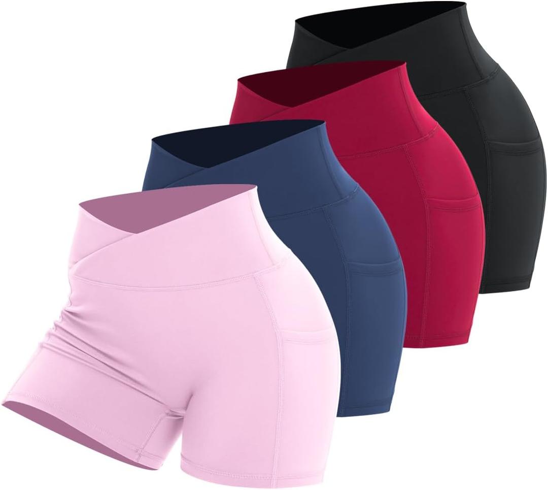 Workout Shorts for Women 2 Pcs Pack Cross Waist Active Gym Spandex Stretchy Yoga Compression with Side Pockets, Color: Black+red+navy+pink