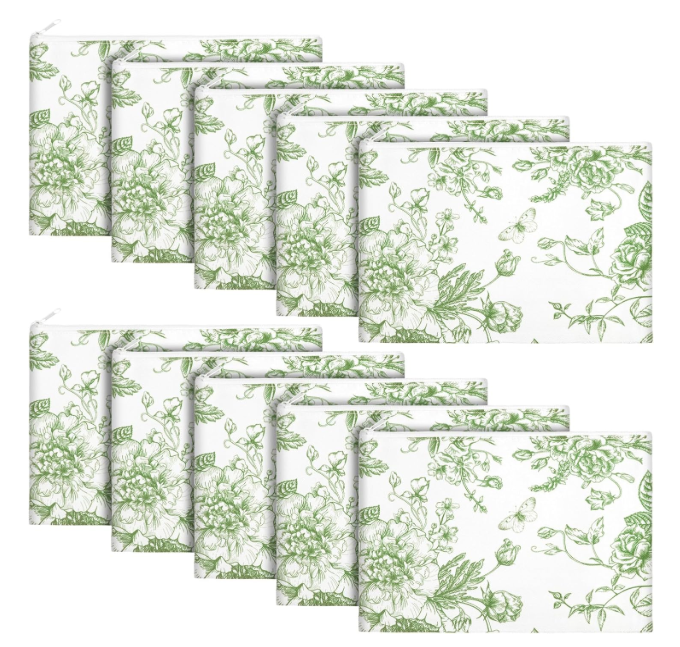 SilTriangle 10 Pcs Floral Makeup Bags with Zipper Canvas Cosmetic Bags Bulk for Women Pencil Bag Travel Toiletry Pouch Gift for Health Nurse Mother Teacher(Green)