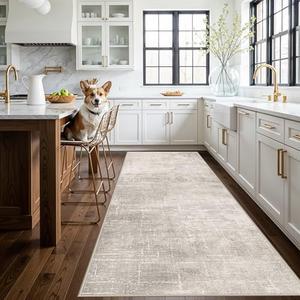 Hallway 4x10 Washable Runner Rug:Stain Resistant Abstract Rug for Kitchen Entryway Farmhouse Soft Carpet for Bathroom Bedroom Thin Laudry Living Room Floor Mat with Non Slip Backing(4x10,Beige/Cream)