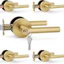 Brushed Gold Entry Door Handle with Keys, Round Design Heavy Duty Door Lever, 5 Pack Wholesale Keyed-NOT-Alike Reversible for Left/Right Handed for Entrance and Front Door, Satin Brass