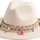 Gossifan Women's Felt Fedora Hat Wide Brim Panama Hats with Tassel (Medium)