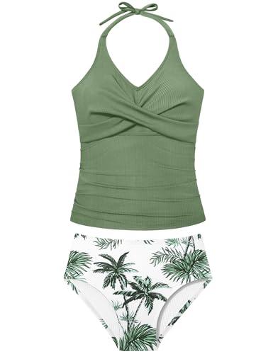 Shallmu Girl Bathing Suit Teen Swimsuits for Girls 13-14 Years Two Piece Green Modest V Neck Ribbed High Waisted Tropical Print Girl's Swimwear Tankini Set, 13-14Y