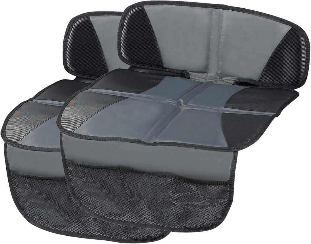 Car Seat Protector - Seat Protection Mat - Thick Padding - Durable, Waterproof Fabric, Leather Reinforced Corners & 3 Pockets for Handy Storage (2 Pack) Gray