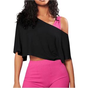 SOLY HUX Women's Off The Shoulder Tee Yoga Workout Crop Top Half Sleeve Asymmetrical Neck Activewear T Shirt (Plain Black), S