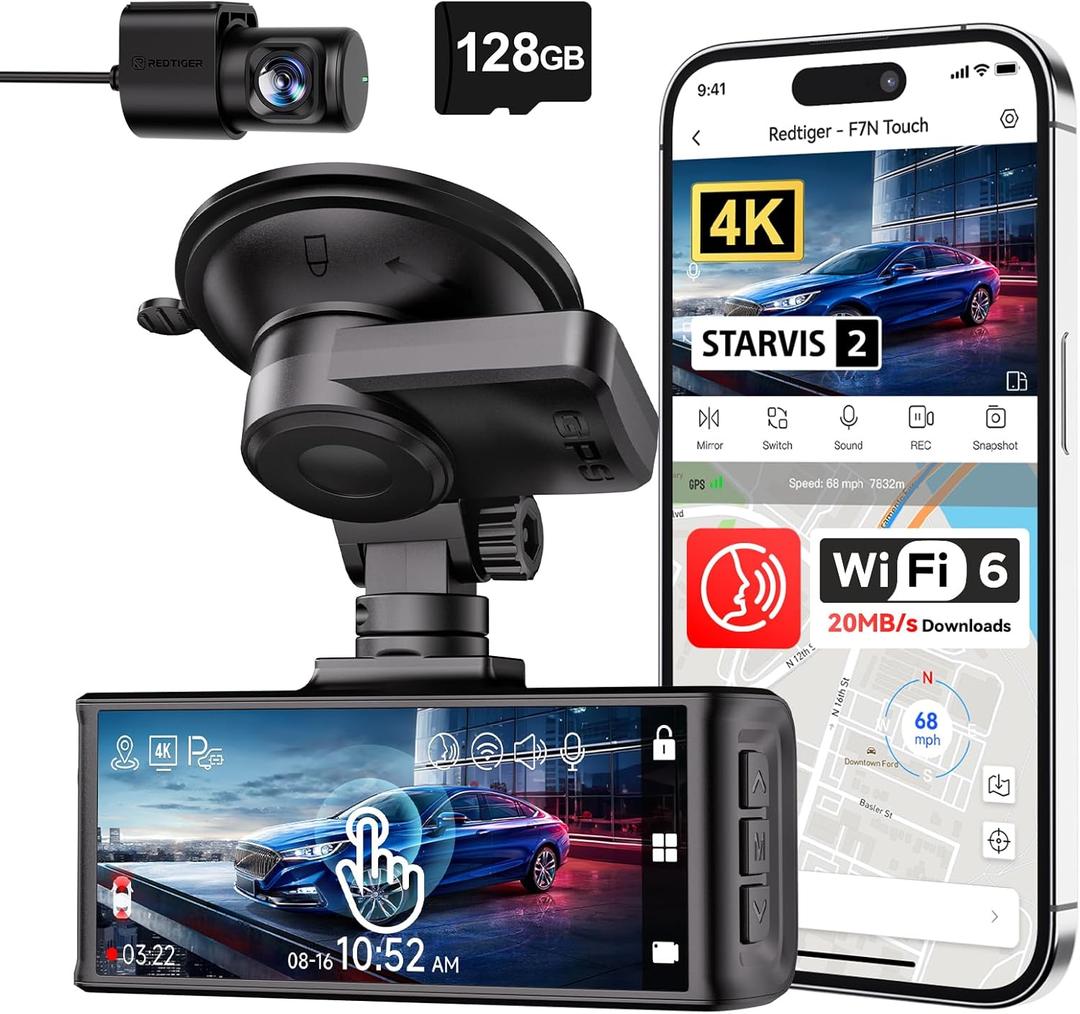 REDTIGER 4K STARVIS 2 Dash Cam Front and Rear, 5GHz WiFi 20MB/s Download, 128GB Card Included, Voice Control, Dash Camera for Cars with 3.18" Touch Screen, GPS, Loop Recording, Parking Mode(F7N Touch)