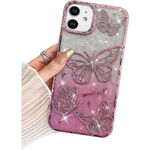 BITOBE Designed for iPhone 11, Cute 3D Butterfly Case Slim Plating Glitter Bling Luxury Cover for Women Girls Protective Camera Protection Bumper 6.1" Pink
