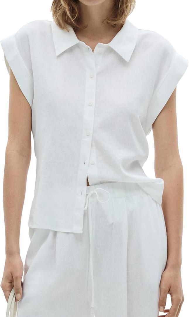 SUNNOW Women's Classic Button Down Shirt Cap Sleeve Top with Shirt Collar Straight Fit Casual Blouse for Work & Everyday Wear, Medium
