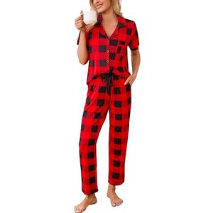 Samring Women Pajamas Sets 2 Piece Short Sleeve Soft Sleepwear Pjs Lounge Set Button Down Nightwear with Long Pants, Red And Black Medium