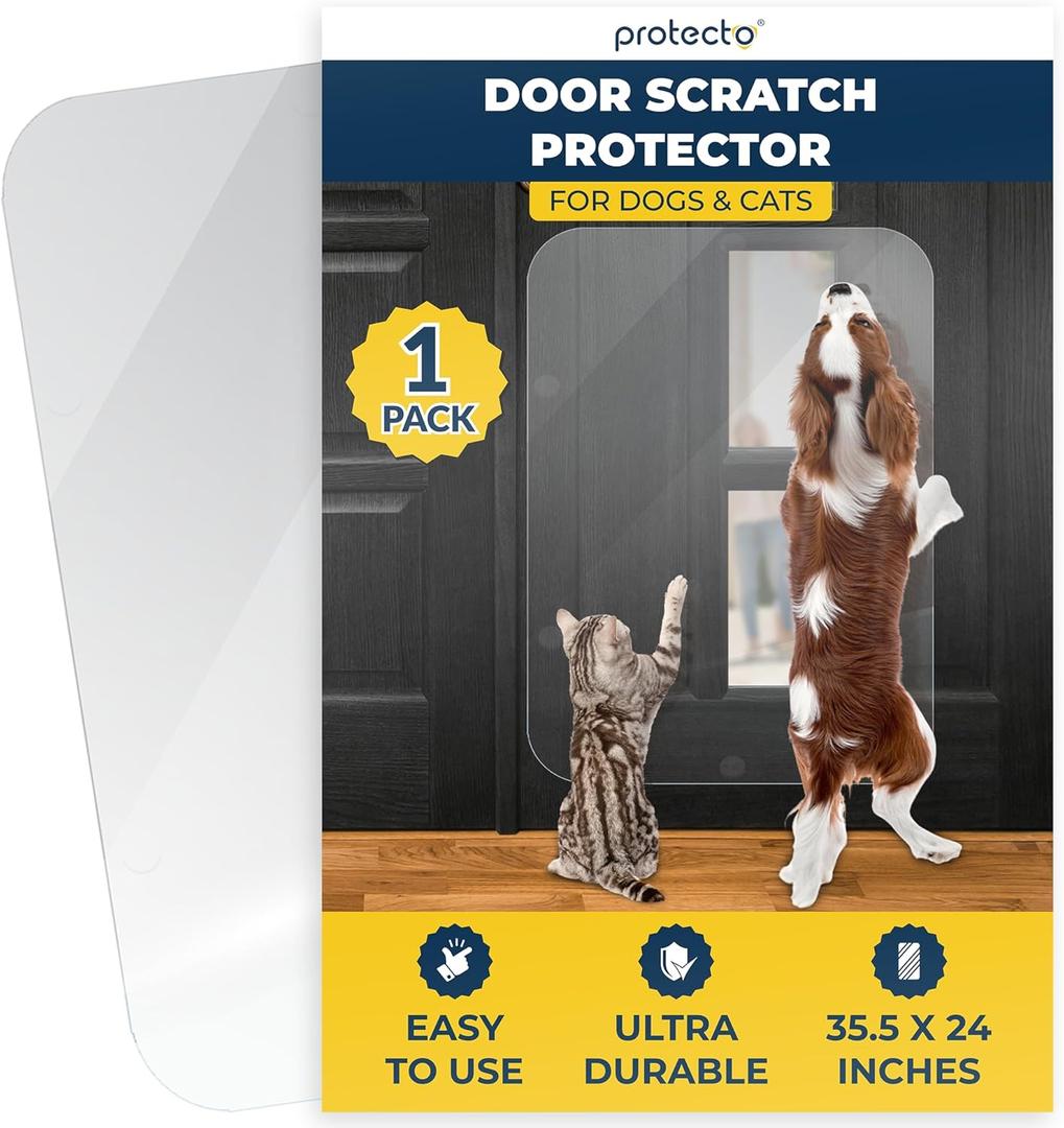 PROTECTO Heavy Duty Door Protector from Dog Scratching, 35 x 24 Clear Door Scratch Protector, Easy & Quick to Install on Window, Wall, Screen & Sliding Doors | Cat Scratch Guard for Indoors Outdoors (1-pack Clear)