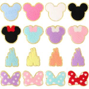16 Pcs Chenille Bear Patches, EVERMARKET Cute Iron on Bear Bows Castle Patches Chenille Embroidered Applique Patch for Clothing Sew on Glitter Trimmed Decorative Patch for DIY Decors