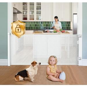 Retractable Baby Gate No Drill,  Extra Wide Retractable Baby Gates for Doorways No Drilling, 8ft No Drill Dog Gate Mesh Dog Gates for Doorways Extra Wide Pet Gate Indoor No Drilling, White,Size 55" * 33"