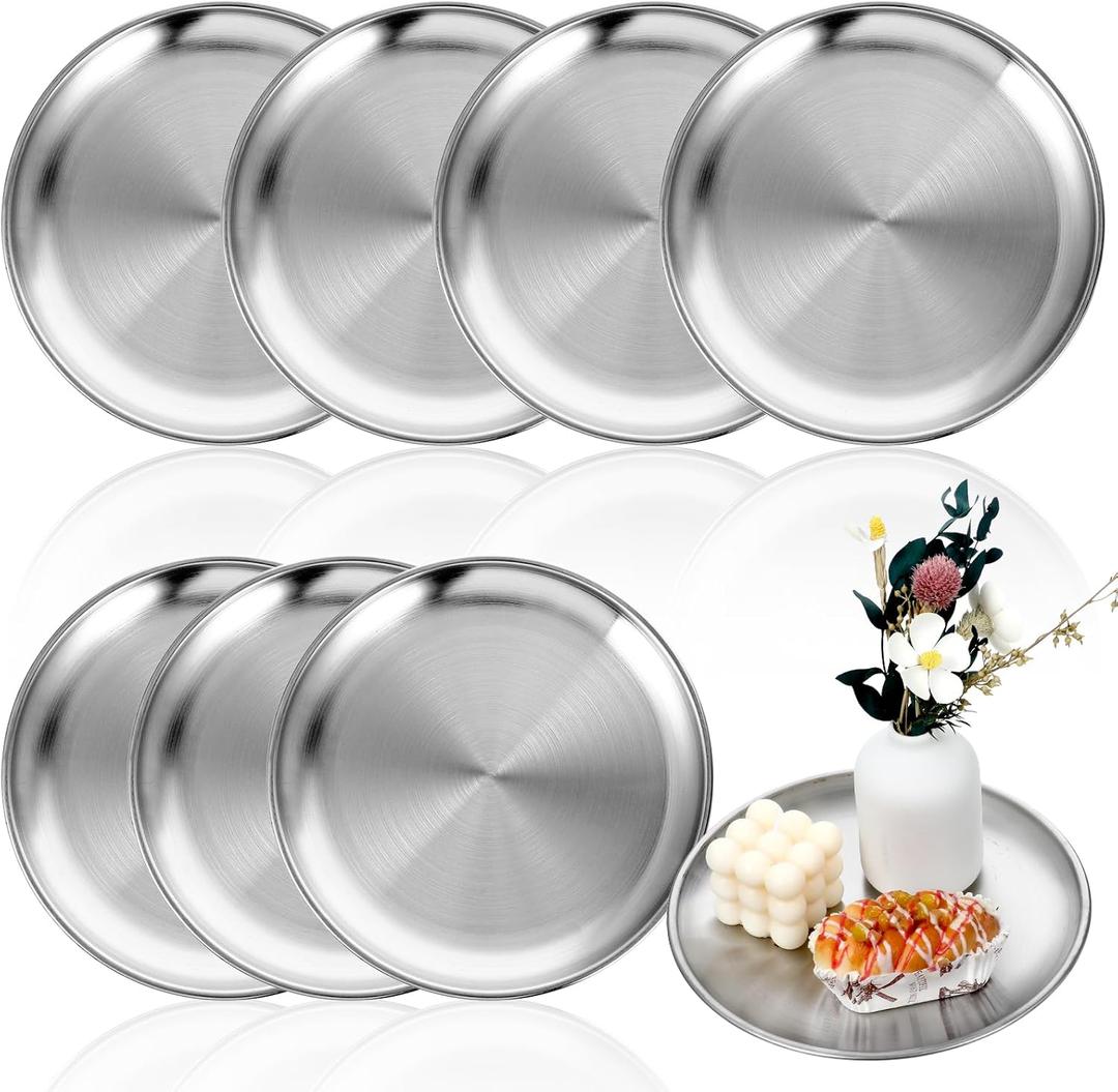 8 Pcs Silver Tray, Round Decorative Serving Bar Dish Key Bowl Mirror Dresser Decoration Vanity Tray Jewelry Makeup Organizer for Bathroom Candle Perfume Countertop (9 Inch)