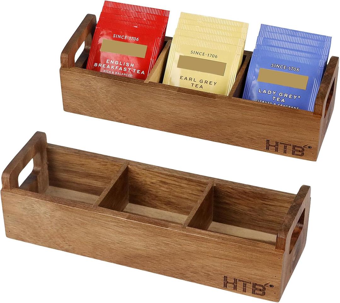 HTB Small Wooden Tea Bag Box 2PCS, 3 Compartments Acacia Wood Tea Bag Chest with Handle, Mini Countertop Divided Storage Container for Beverage Supplies, Sugar, Sweeteners, Individual Packets