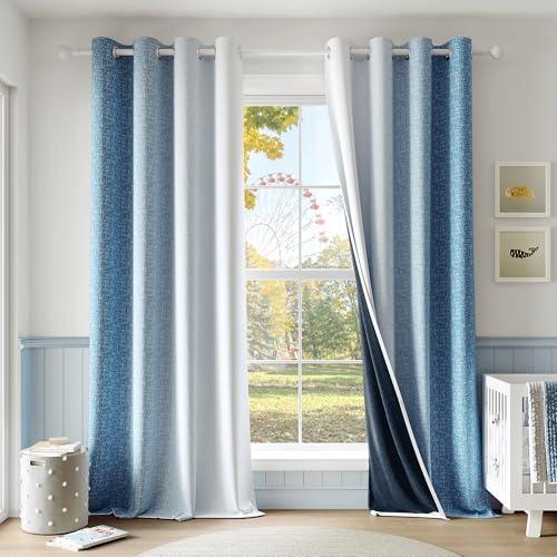 Geomoroccan Ombre 100% Blackout Curtains 84 Inch Length 2 Panels for Bedroom Blue White Gradient Patterned Room Darkening Thermal Insulated Grommet Window Treatment Drapes, 52x84, 2 Set