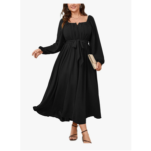 SCOMCHIC Women Plus Size Maxi Dress Long Sleeve Square Neck Wedding Guest Cocktail Belted Elegant Flowy A Line Long Dresses, Size - M