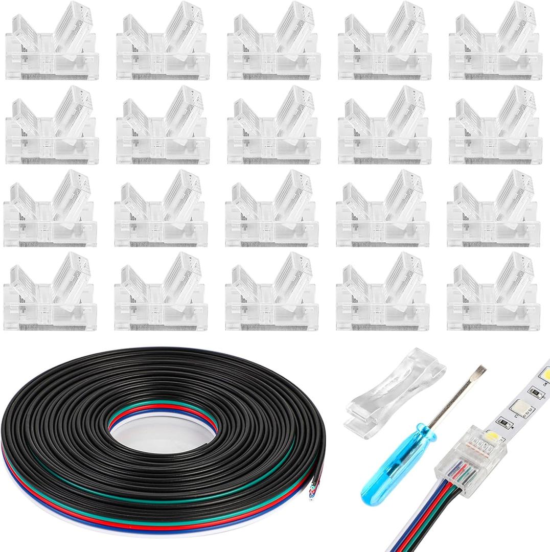 HOMELYLIFE 20 Pack 5 Pin 10mm RGBW LED Strip Connectors Solderless with 16.4ft Extension Cable 5 Conductor for Waterproof or Non-Waterproof 10mm Wide RGBW LED Strip Lights