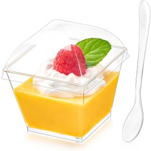 Zezzxu 50 Pack 4 oz Square Dessert Cups with Dome Lids and Spoons, Plastic Pudding Cups with Lids Mini Parfait Shooter Cups for Party Individual Banana Pudding Jello Yogurt Fruit Trifle