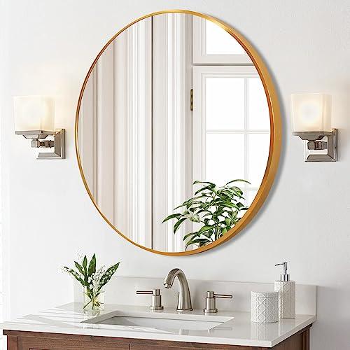 COHMJJY 23.6 Inch Circle Mirror with Brushed Metal Frame Round Bedroom Mirror Wall-Mounted Hanging Modern Decorative for Bathroom, Living Room, Bedroom, Entryway, Gold