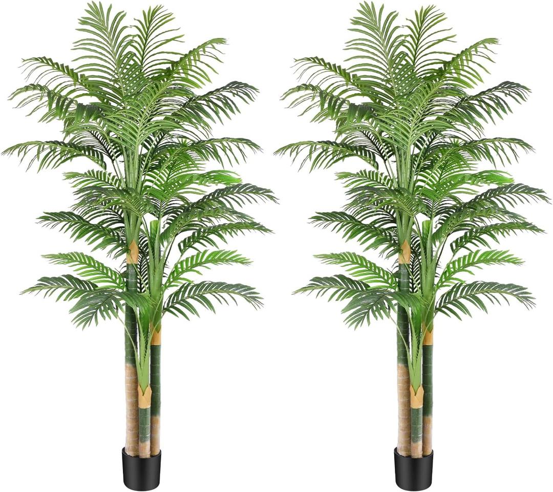 7ft Tall Triple Golden Cane Palm Artificial Tree Large Tropical Palm Tree UV Resistant Fake Plant in Pot for Indoor Outdoor Big House Living Room Outside Patio Office Home Decor 2Pack