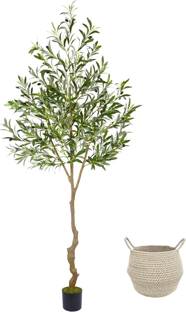 Warmplants Artificial Olive Tree, 7ft Tall Fake Olive Leaves Plant with Basket, Indoor Outdoor Faux Olive Topiary Silk Tree for Home Livingroom Office Dcor