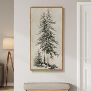 Framed Vertical Vintage Sketch Tree Living Room Wall Art, Large Black Beige Rustic Pine Artwork for Walls, Classic Antique Nature Forest Canvas Painting Print for Office Kitchen Foyer Stair 20x40 Inch