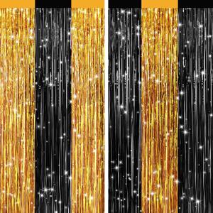 2Pack Black Gold Metallic Tinsel Foil Fringe Curtains, Door Streamers Photo Booth Backdrop for Birthday Party, Tinsel Curtain Backdrop for Wedding Baby Shower Bachelorette Christmas Party Decorations