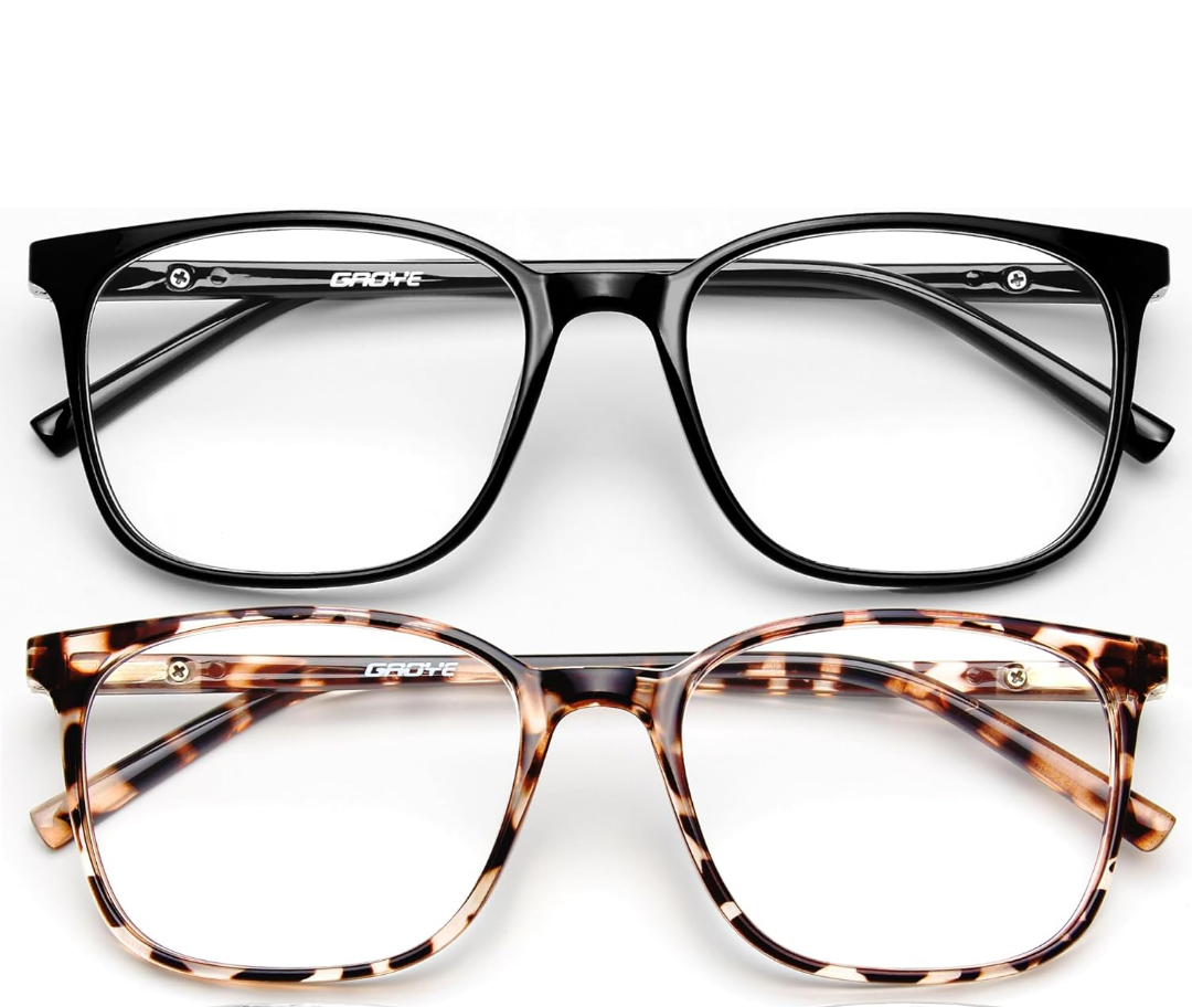 Gaoye Blue Light Blocking Glasses Women/Men, Computer Gaming Fake Eyeglasses Anti UV Ray-Spring Hinge (2 Pack, Light Black & Leopard & Transparent)