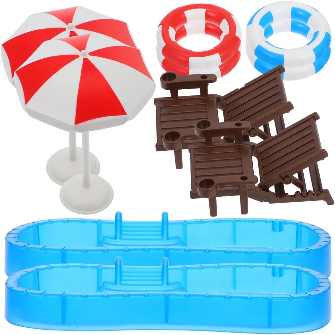 2 Sets 1:12 Scale Miniature Swimming Pool Dollhouse Accessories, Folding Beach Chairs Umbrellas Swim Rings, Summer Fairy Garden DIY Decor