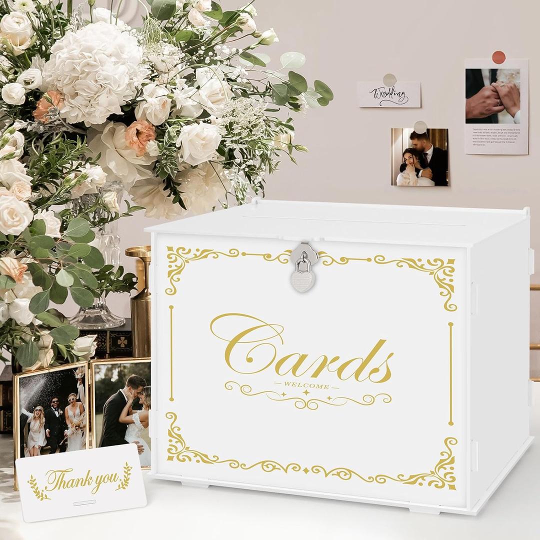 Ywlake White Wedding  Box with Lock and Slot Acrylic Money Cash Post Thanks Card Box Large Letter Envelope Cards Holder Boxes for Reception Anniversary Birthday Party Bridal Baby Shower