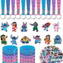 86pcs Stitch Birthday Party decorations Set Included 12 Bracelets, 12 Acrylic Pins, 12 Keychains, 50 Stickers, for Boys and Girls Cartoon Theme Party