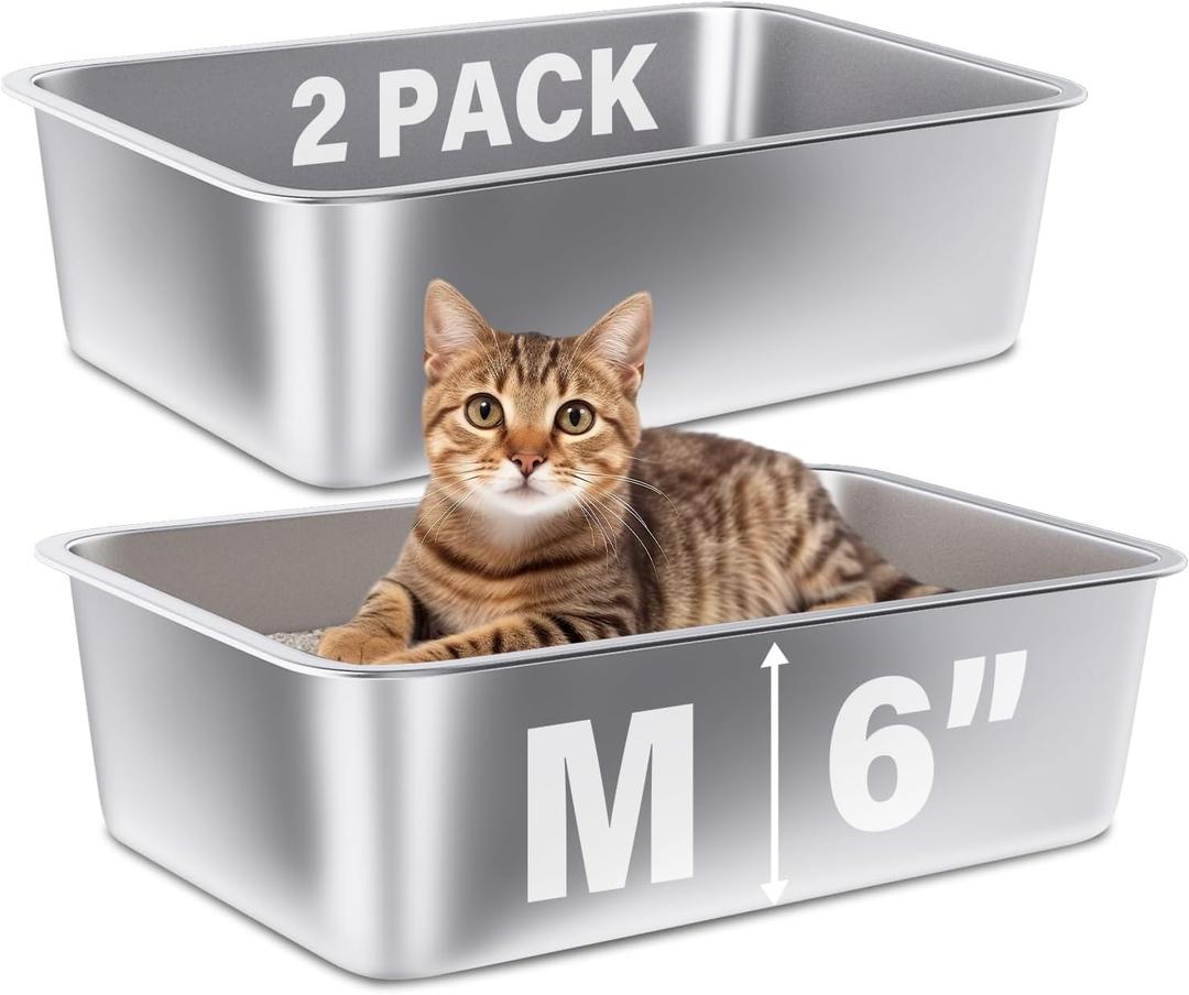 Stainless Steel Litter Box 2 Pack,Medium Metal Litter Box for Kitty/Cat/Rabbits, Easy to Clean, Non Stick Litterbox No Smell for Adult Cats (2 pack-Medium(17.7"x13.7"x6"))
