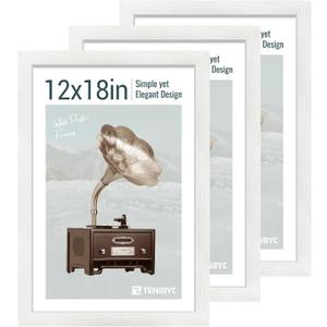 12x18 Poster Frame Set - 3 Pack, Textured White Solid Wood with HD Tempered Glass, Wall Gallery Picture Photo Frame