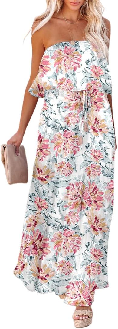 Dokotoo Womens Strapless Dresses Casual Summer High Waist Side Split Flowy Boho Maxi Dress (Large, Multicolor 1)
