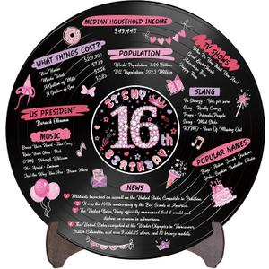 Holkcog Vinyl Record 16th Birthday Decoration, Pink 16 years old Birthday Party Poster Sign With Stand, Pink Girls Themed 16 Year Old Party Supplies, 16th birthday Anniversary table decorations Gifts