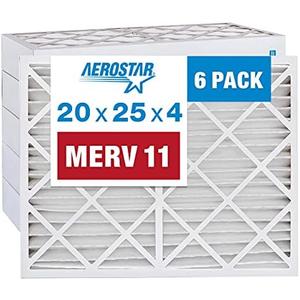 Aerostar 20x25x4 MERV 11 Pleated Air Filter, AC Furnace Air Filter, 6-Pack (Actual Size: 19 1/2"x24 1/2"x3 3/4") Aerostar 20x25x4 MERV 11 Pleated Air Filter, AC Furnace Air Filter, 6-Pack (Actual Size: 19 1/2"x24 1/2"x3 3/4")