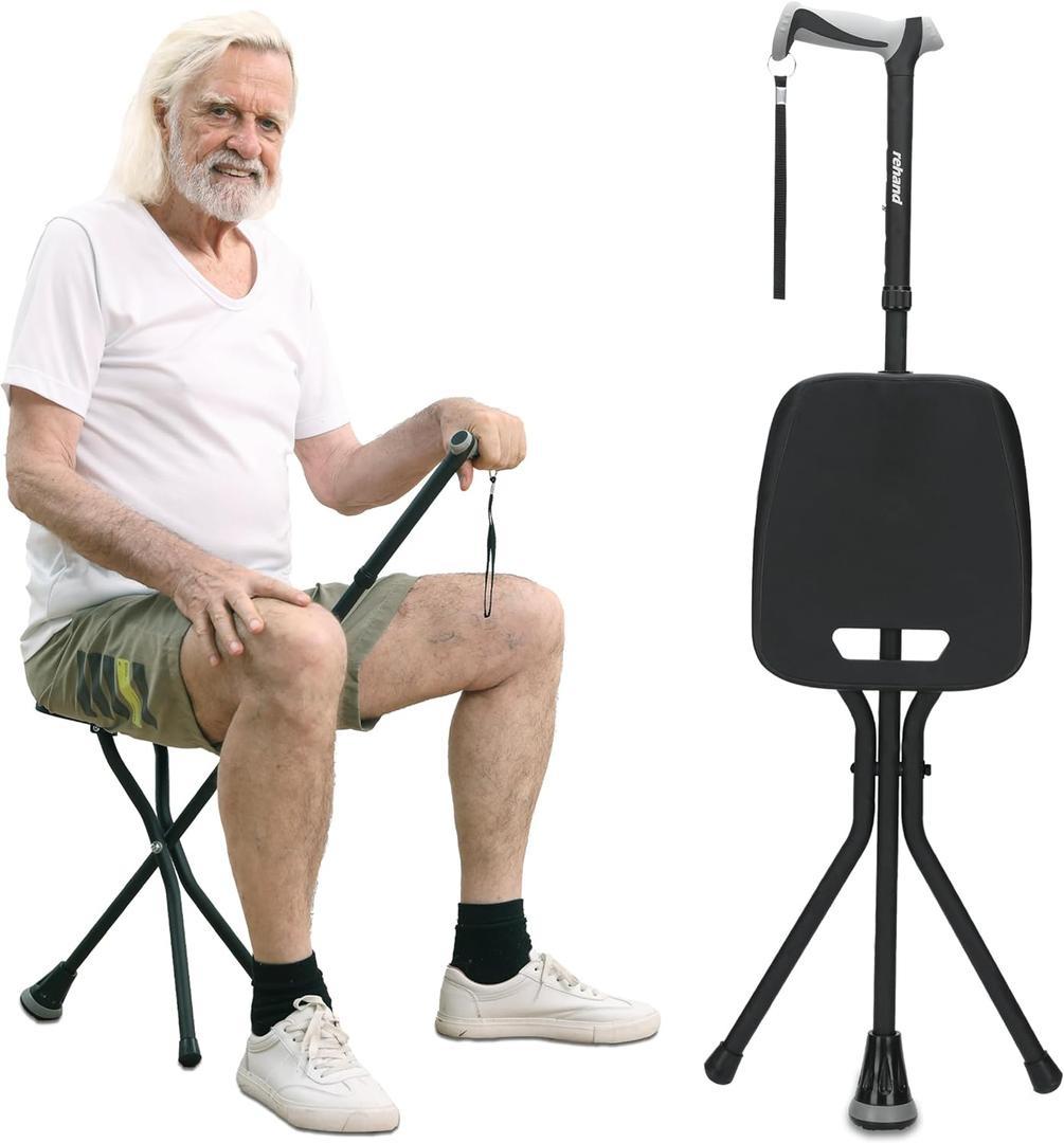 REHAND Walking Cane with Seat,Lightweight Foldable, Adjustable, Collapsible Canes with Stool for Men & Women, Heavy Duty All Terrain Tip, Portable Walking Stick Chair for Seniors & Adults (Black)