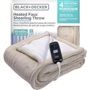BLACK+DECKER Heated Blanket Electric Throw, Faux Shearling Electric Blanket, Heating Blanket with 4 Heating Levels, 3H Timer, Auto Shutoff, Fast Heating (50x60 inches, Cream)