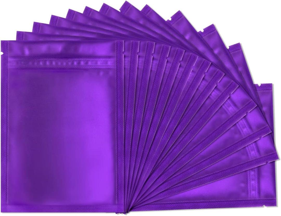 Mylar Bags for Food Storage 100 Pack 3.3 x 5.1 Inch Resealable Smell Proof Bags Foil Pouch Flat Bag with Front Window Purple