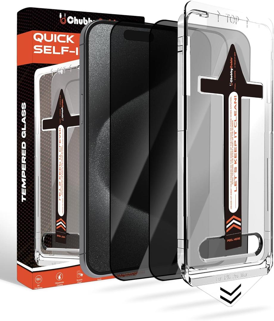 chubbycable ChubbyShield for iPhone15 Pro Max - 2 PCS Military-Grade Privacy Screen Protector with Ultra-easy Install Box, Auto Dust-Elimination & Bubble Free