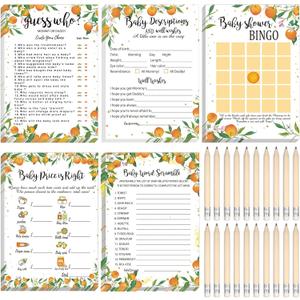 Yinder 145 Pieces Orange Little Cutie Baby Shower Games for Boy or Girl Game Activities Cards with 20 Pencils Includes Bingo Description and Wishes Guess Who Baby Price is Right, Word Scramble Game