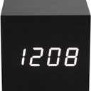 ThreeH Digital Alarm Clock, Wood Cube Little Clock with LED Time Calendar Temperature Display, Sound Control, Intelligent Induction, USB/Battery Powered Clock for Home Office AC10 Black_White