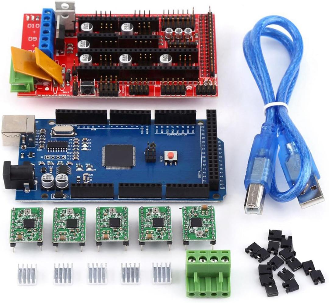 Oumefar RAMPS 1.4 Controller, R3 Board, 5pcs Soldered A4988 Stepper Motor Drivers + 5pcs Heat Sinks + 19pcs Jumpers with USB Cable for RepRap 3D Printer Kit