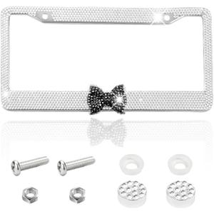 2PCS Bling Car License Plate Frame for Women,Stainless Steel Sparkly Car Plate Holder with Crystal Rhinestones, Glitter Diamond Vehicle Bow Plate Covers,Decorative Auto Accessories (White/Black)