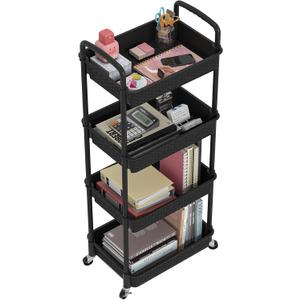 MOYIPIN 4-Tier Plastic Rolling Utility Cart with Handle,Utility Storage Cart for Office, Living Room, Kitchen,Movable Storage Organizer Shelves,Black