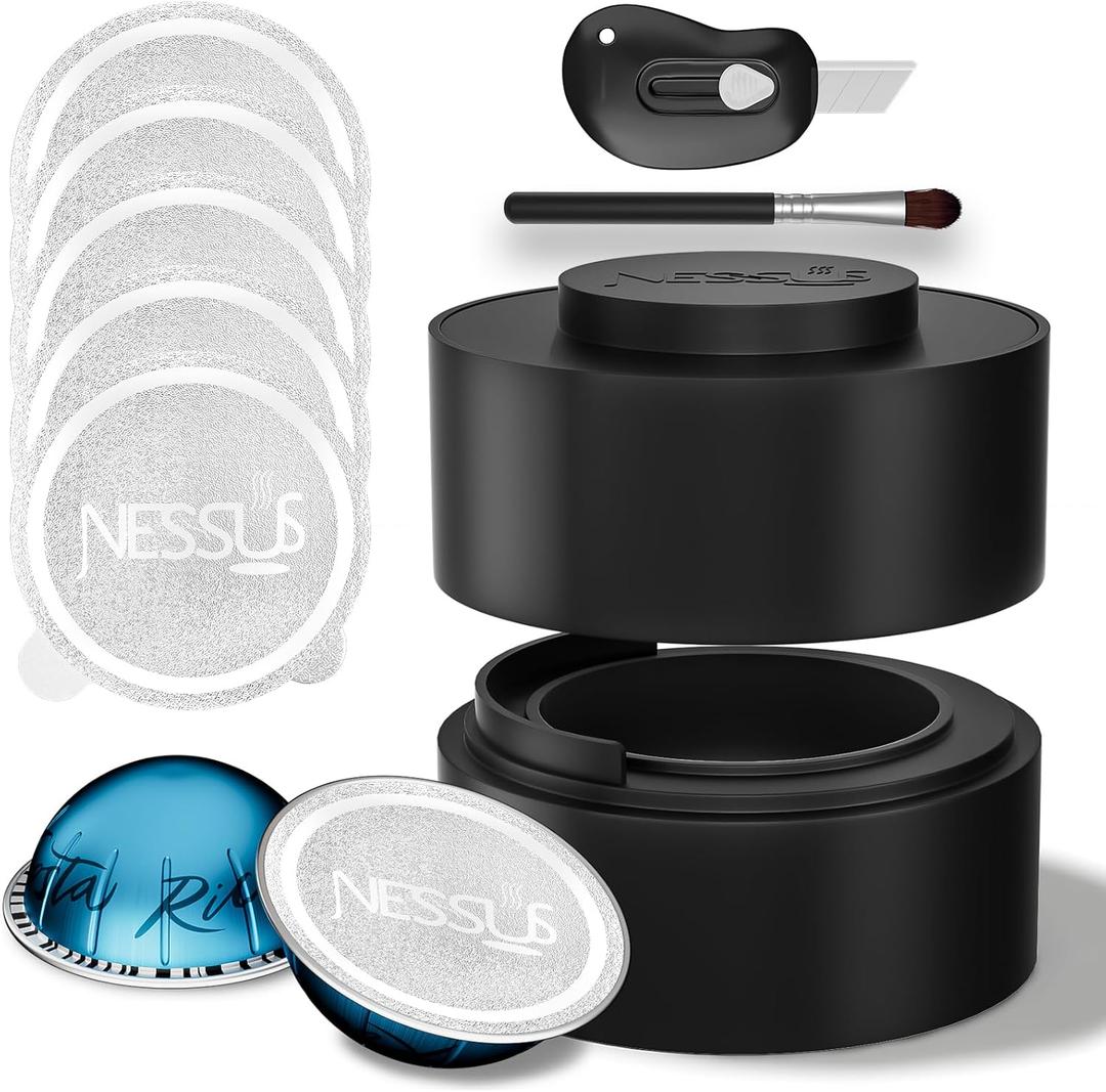 Reusable Pods Kit for Nespresso Vertuo, Refillable Vertuo Coffee Pods Espresso Accessories with 100 pcs Foil Seals Lids, Holder and Brush for Nespresso Vertuo Plus Next Capsule Machine Reusable Pods Kit for Nespresso Vertuo, Refillable Vertuo Coffee Pods Espresso Accessories with 100 pcs Foil Seals Lids, Holder and Brush for Nespresso Vertuo Plus Next Capsule Machine