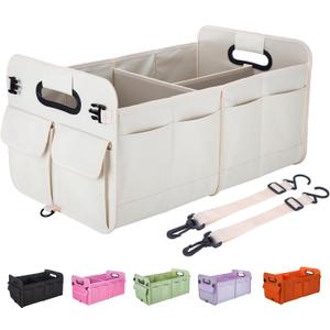 Trunk Organizer For Suv & Sedan, Car Organizers and Storage, Waterproof Collapsible & Adjustable Straps,75L Sturdy Car Organization for Car Accessories, Tools,Sundries,2-3 Compartment Beige