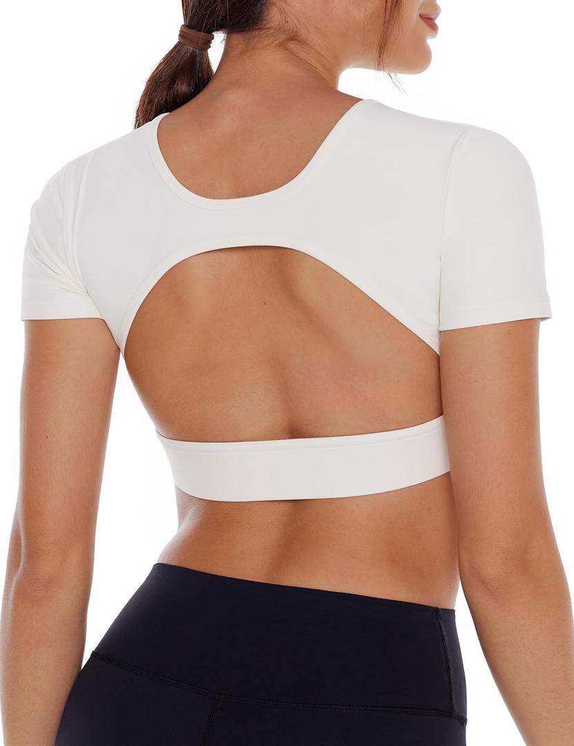 Open Back Workout Crop Tops for Women Backless Yoga Shirts Gym Short Sleeve Mild Support Compression Tee with Bra (X-Small, Creamy White)