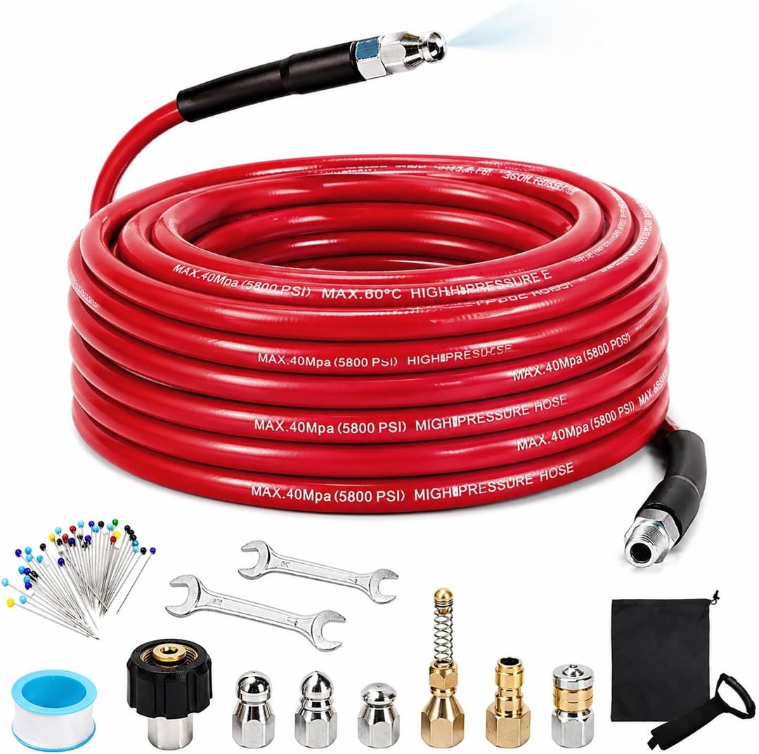 Sewer Jetter Kit for Pressure Washer, 50FT 5800 PSI Drain Cleaner Hose with 1/4" NPT Corner, Rotating and Button Hose Sewer Jetting Nozzle, Waterproof Tape, Pearl Corsage Pin, Spanner, Glove