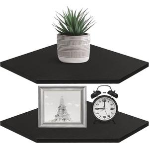 Homode Corner Shelf Wall Mount, Set of 2 Corner Floating Shelves with Wire Hole for TV, Cable Box, Wood Hanging Storage Shelf Organizer for Bathroom Kitchen Living Room Bedroom, Black