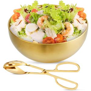 Supkiir Stainless Steel Salad Bowls with Gold Tong, 9.84.5 51oz Gold Kitchen Mixing Bowl, Large Serving Bowl Nesting Bowls for Mixing Cooking Baking Prepping Salad Soup Fruit